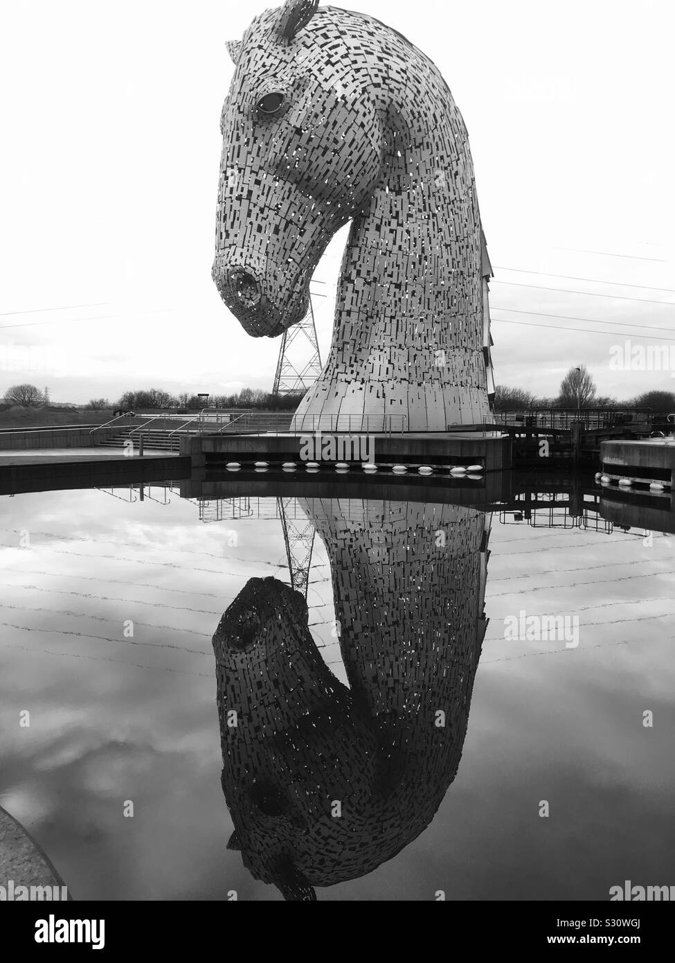 One of The Kelpies and its reflection. A 30m High Giant Horse Head Sculpture of the Forth and Clyde Canal in the Helix Park, Falkirk, Scotland by Andy Scott Stock Photo