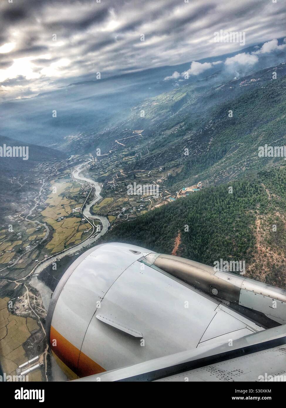 Flying over Bhutan. Stock Photo