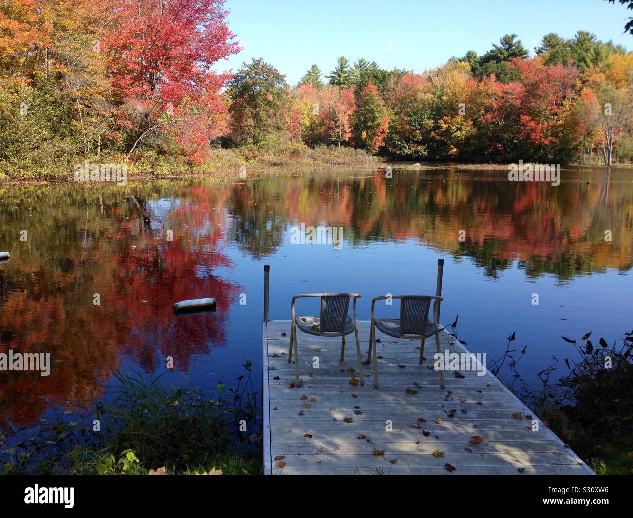 Two chairs on a dock overlooking a lake in New England with Autumn leaves reflected on the water. - Smartphone Captured Stock Image