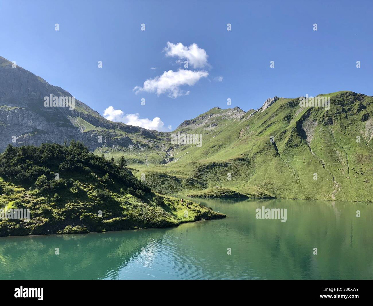 The turquoise Schrecksee in the Allgäu Alps, Germany. Stock Photo