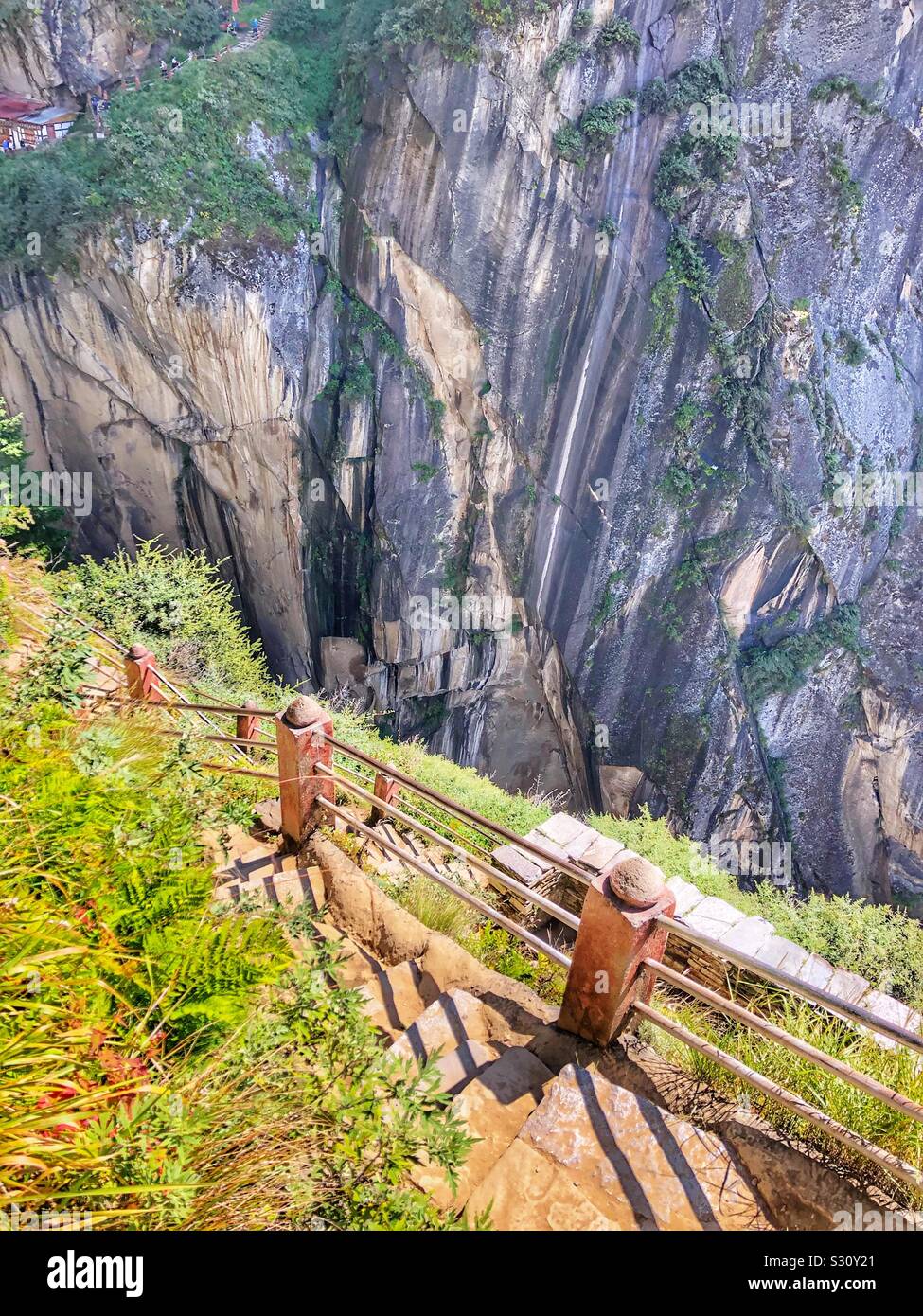 Steps leading down into the canyon in Bhutan - Smartphone Captured Stock Image