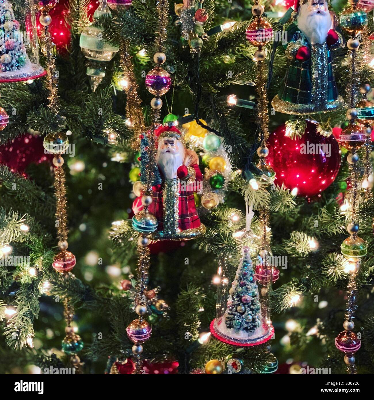 Ornaments on a Christmas tree at Marble House, Newport, Rhode Island, United States - Smartphone Captured Stock Image
