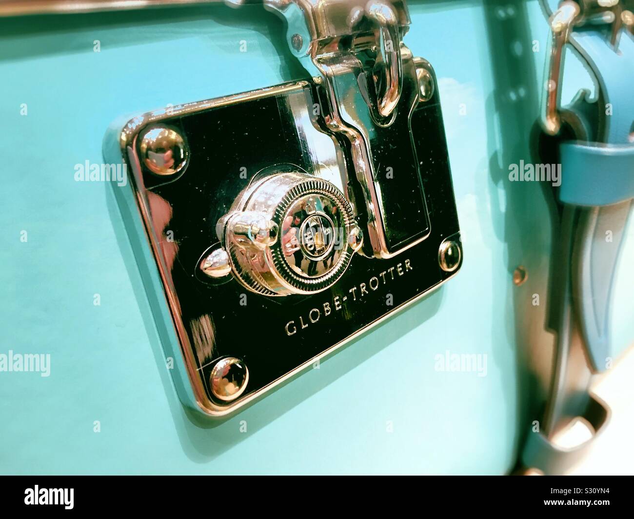 Tiffany & Co. Features a robin egg blue line of globe Trotter matched luggage, NYC, USA - Smartphone Captured Stock Image