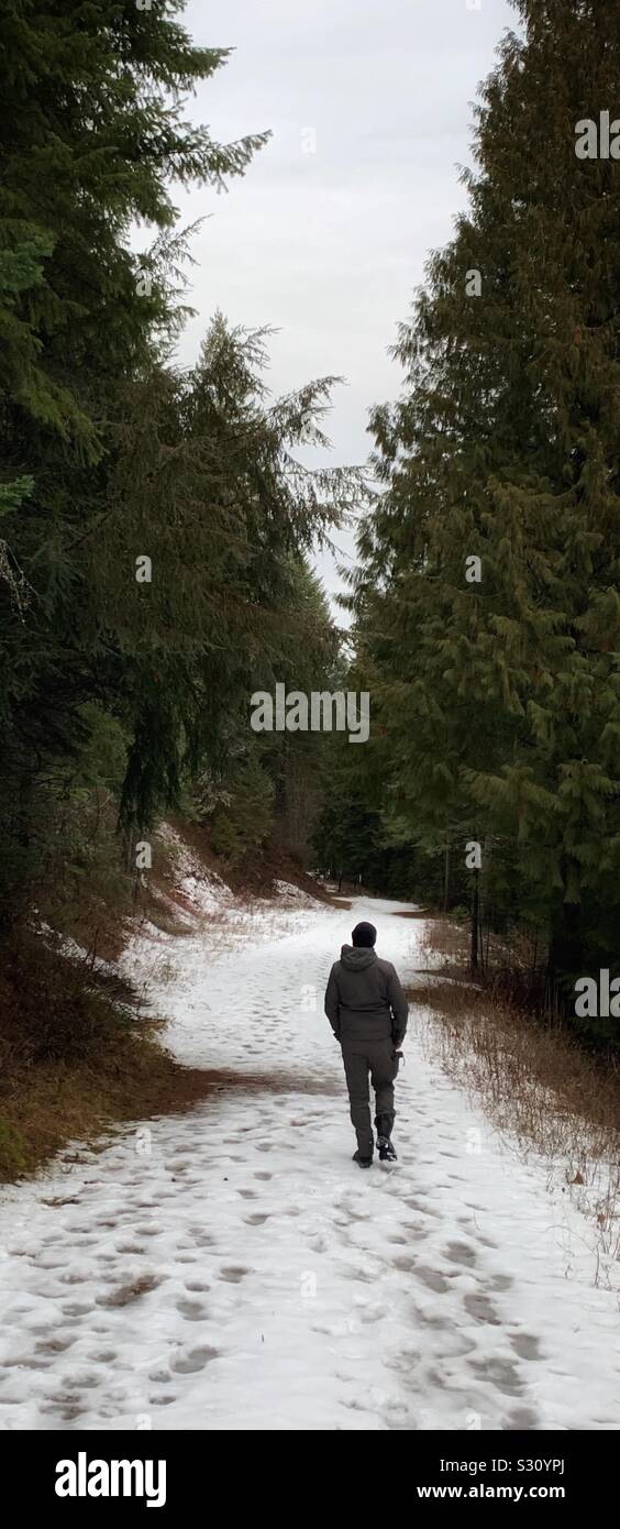 Outdoorsman walking on snow covered trail Stock Photo
