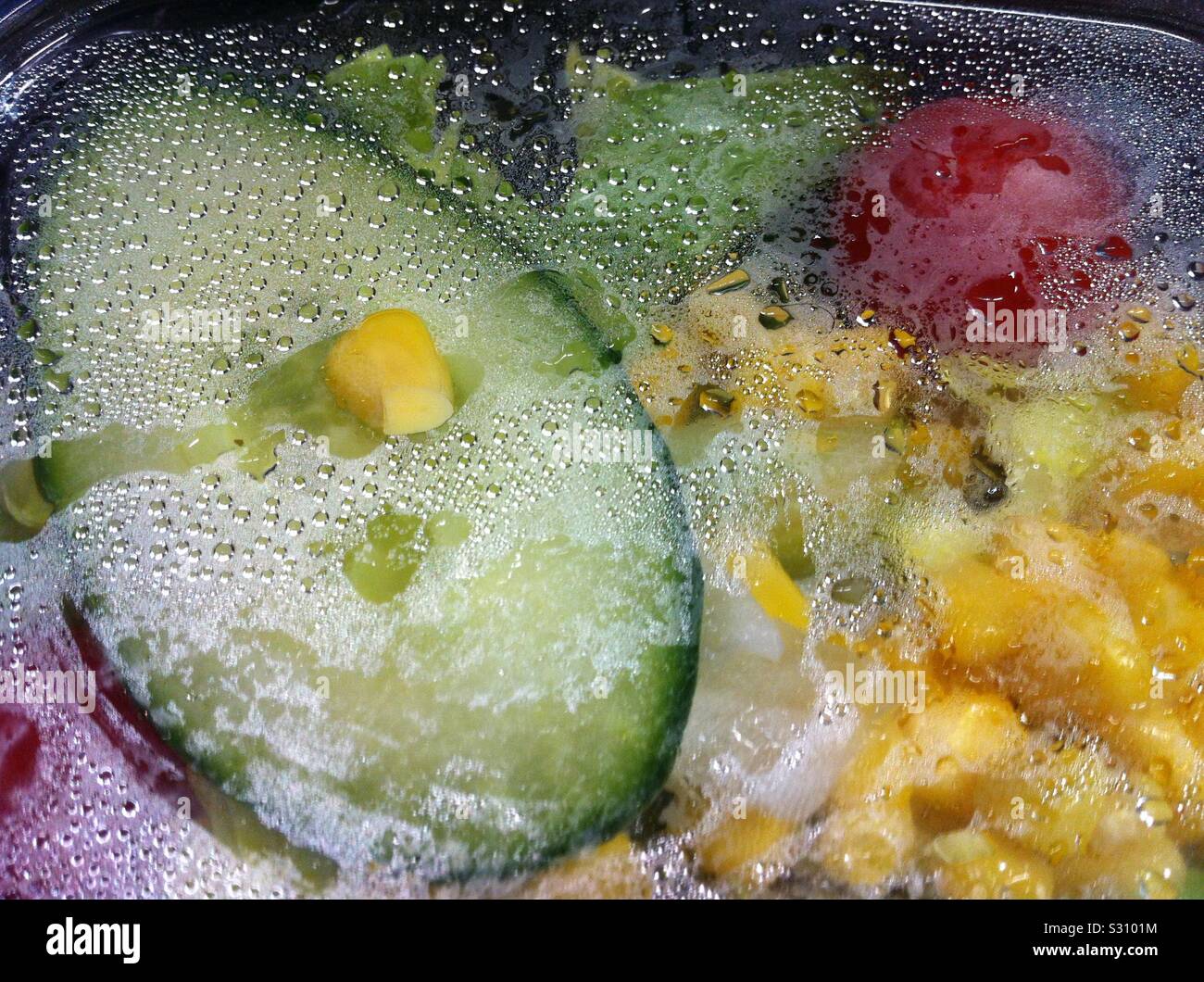 Close up shot of Fresh cut vegetables salad ingredients sealed in a refrigerated transparent plastic container. Stock Photo