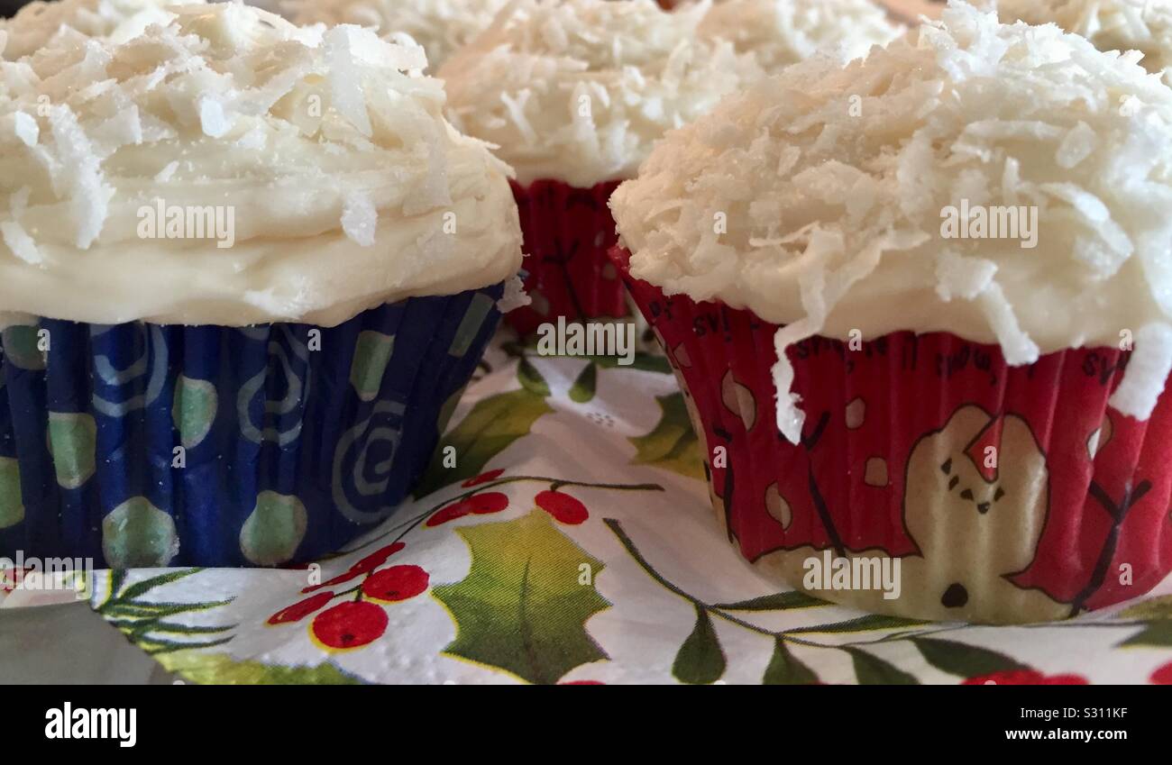 Christmas Coconut Cream Cheese Frosted Cupcakes - Smartphone Captured Stock Image