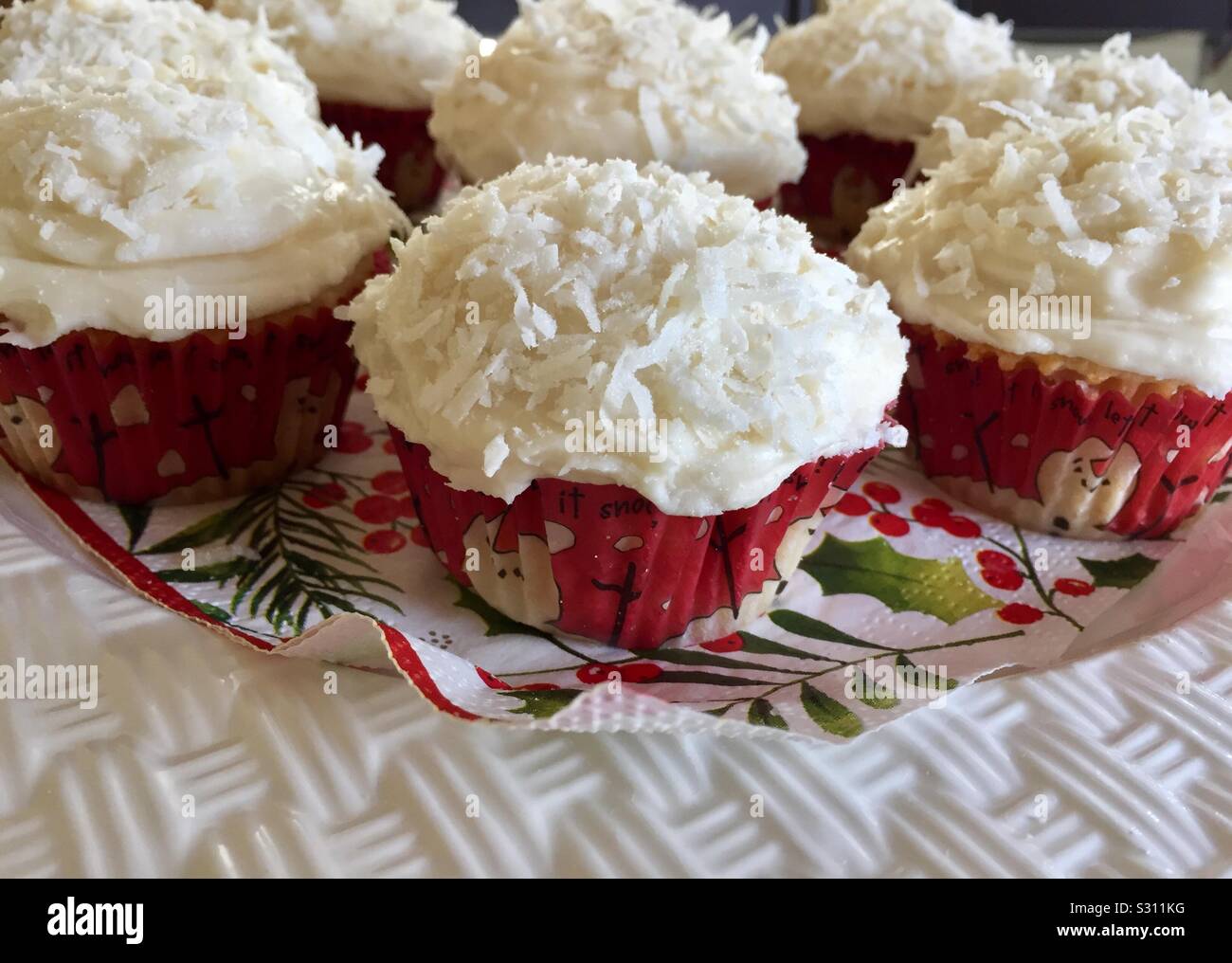Christmas Coconut Cream Cheese Frosted Cupcakes Stock Photo