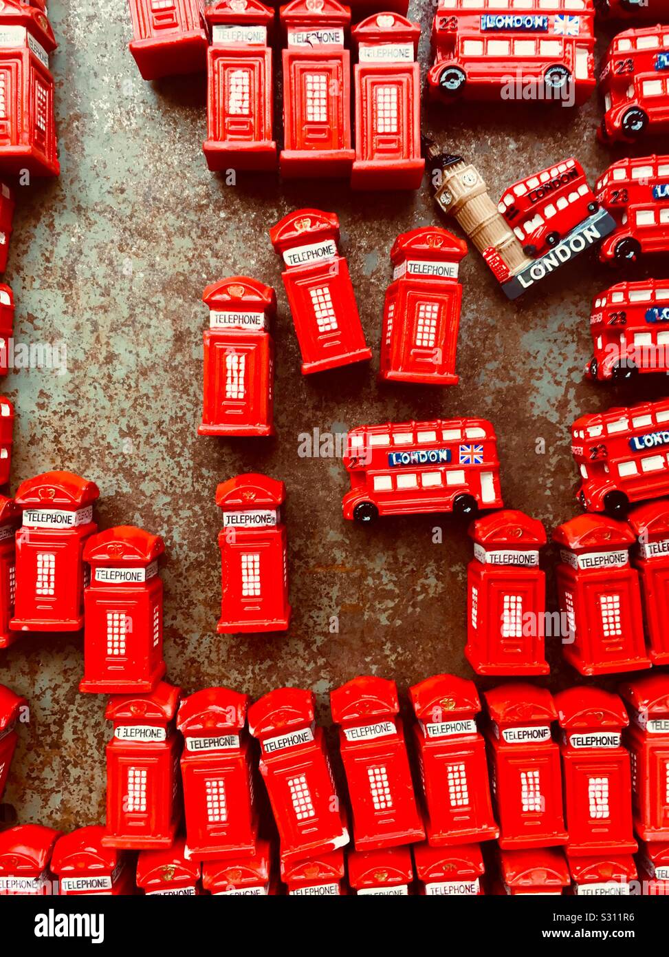 London souvenir magnets, red phone boxes and red buses Stock Photo