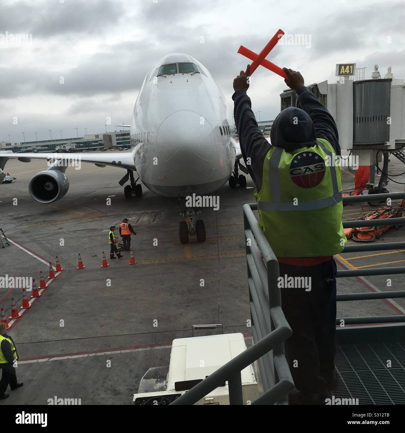 A Lufthansa 747 taxis to the gate at Denver International Airport Stock