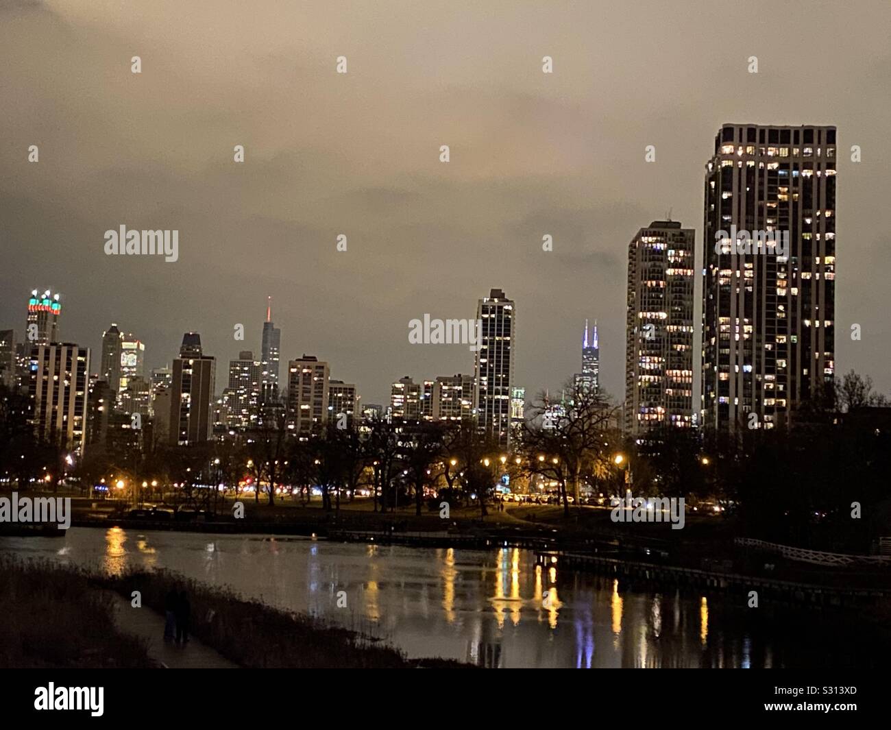 Chicago Skyline at Night facing south from Lincoln Park Zoo. Stock Photo