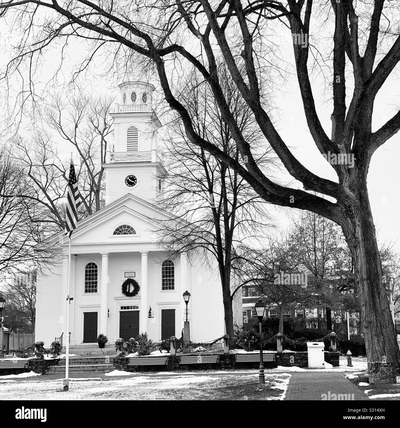 Black and white image of historic architecture at Storrowtown Village, Eastern States Exposition, West Springfield, Massachusetts, United States - Smartphone Captured Stock Image