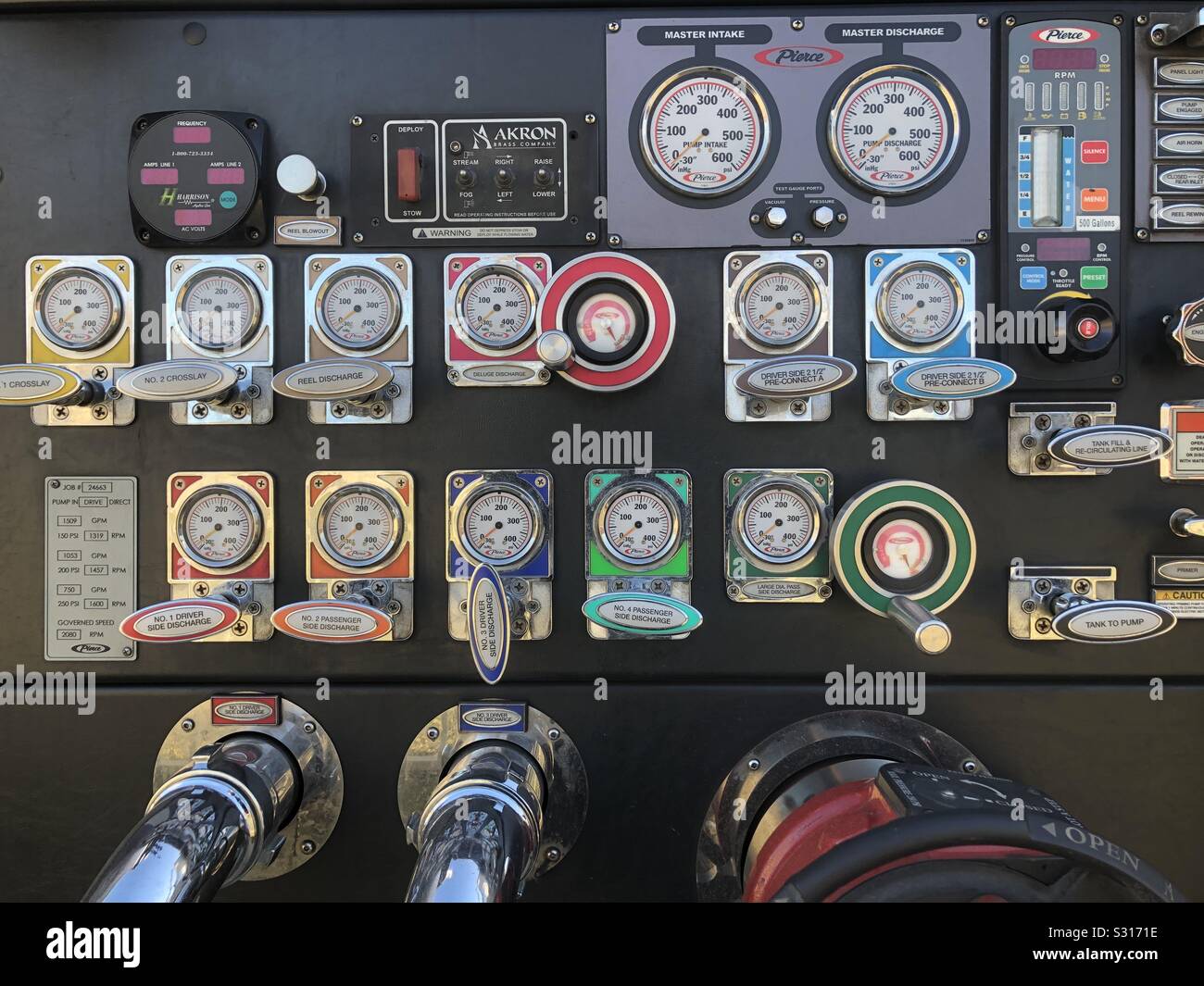 Gauges, switches, and dials on an American fire truck in the USA Stock