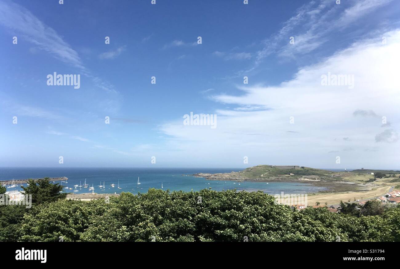 View over Braye Bay on Alderney, third-biggest of the British Channel Islands. Stock Photo