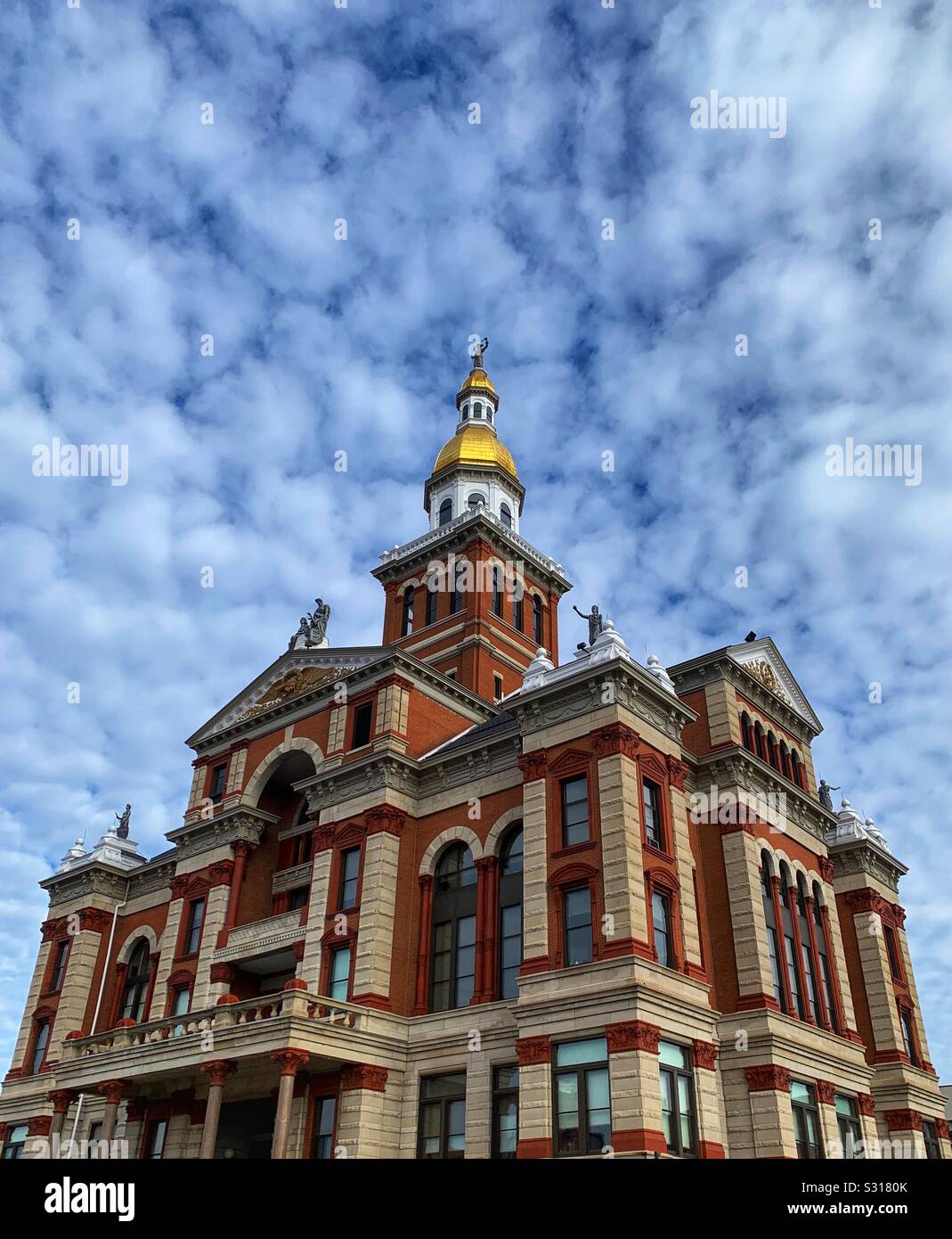 Landscape photo of beautiful gold dome atop the historic Dubuque County