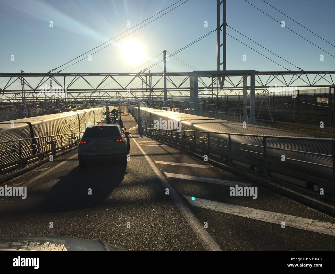 Euro tunnel carriages being loaded with cars - Smartphone Captured Stock Image