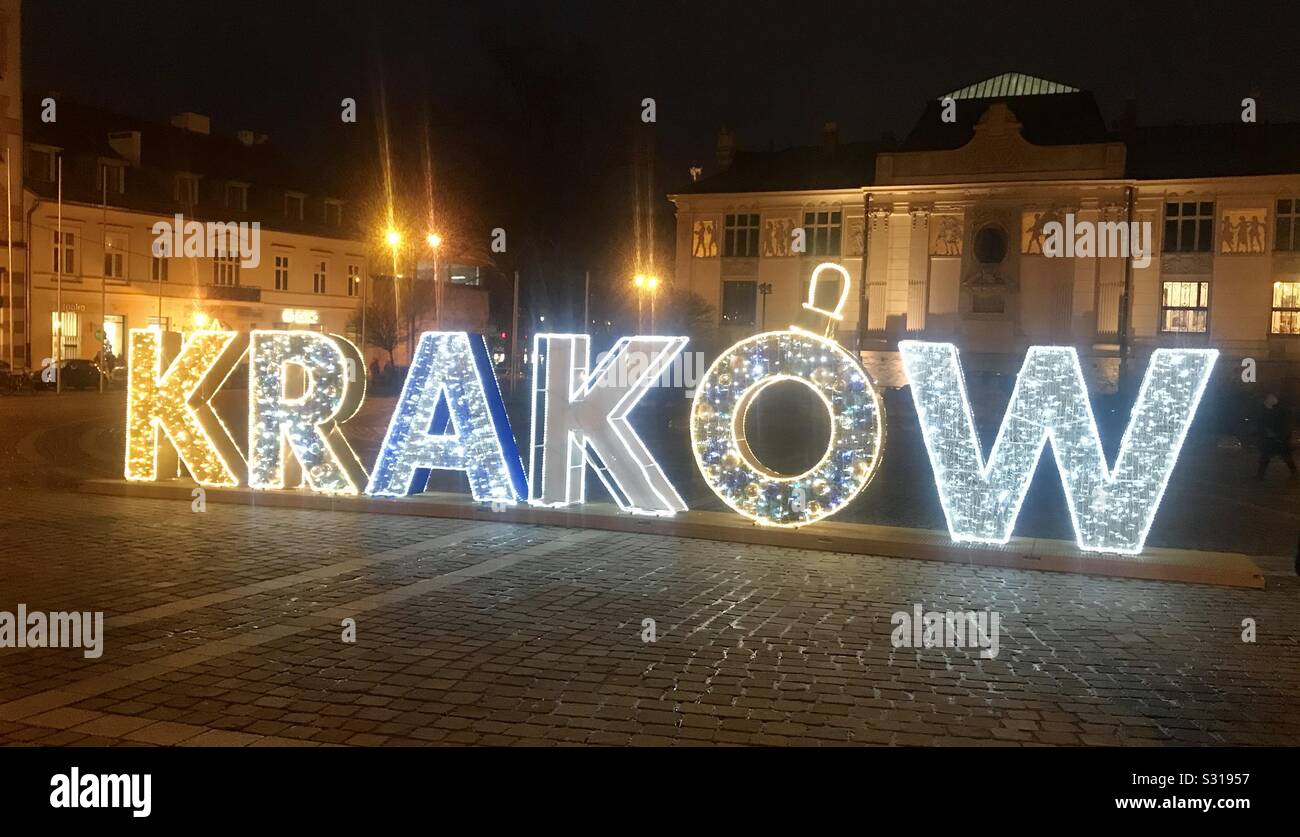 Krakow sign at night. Poland Stock Photo
