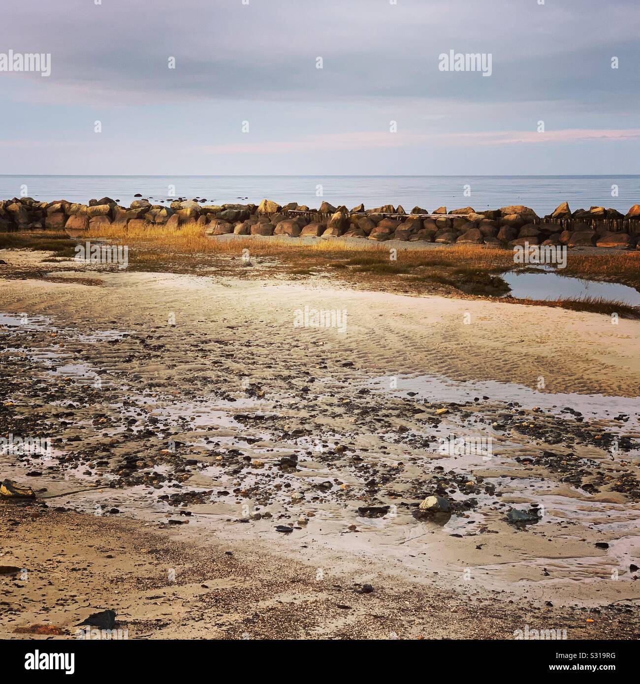 Low tide in December, Corporation Beach, Dennis, Cape Cod, Massachusetts, United States. - Smartphone Captured Stock Image