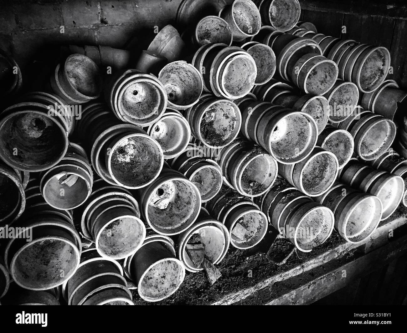 Piles of terracotta plant pots in an old greenhouse, UK; converted to black and white. - Smartphone Captured Stock Image
