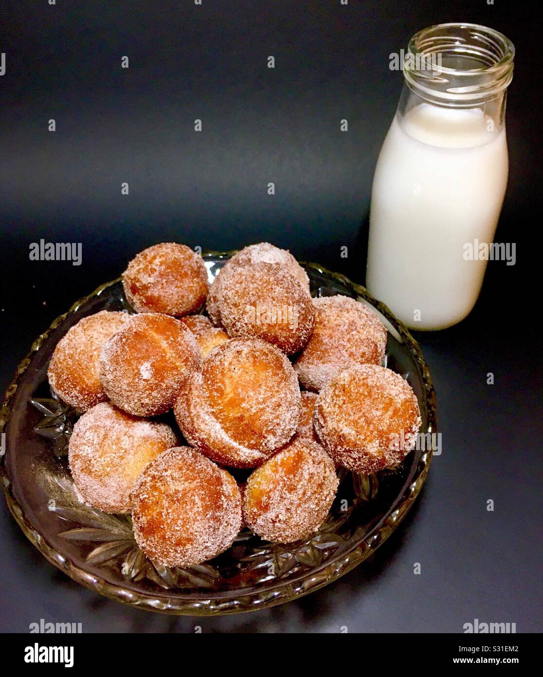 Donut Holes and Oat Milk Stock Photo