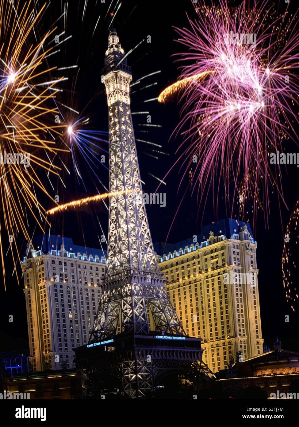 Eiffel Tower in front of Paris Hotel Las Vegas with the fireworks at night Stock Photo Alamy