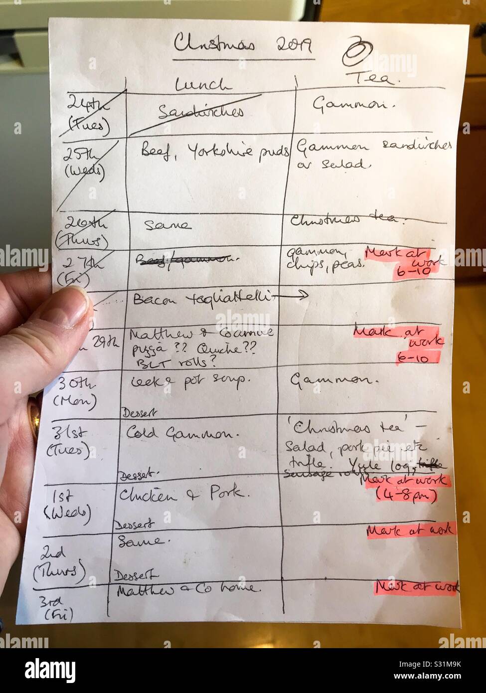 A Christmas menu over Christmas week planned on a piece of paper. - Smartphone Captured Stock Image