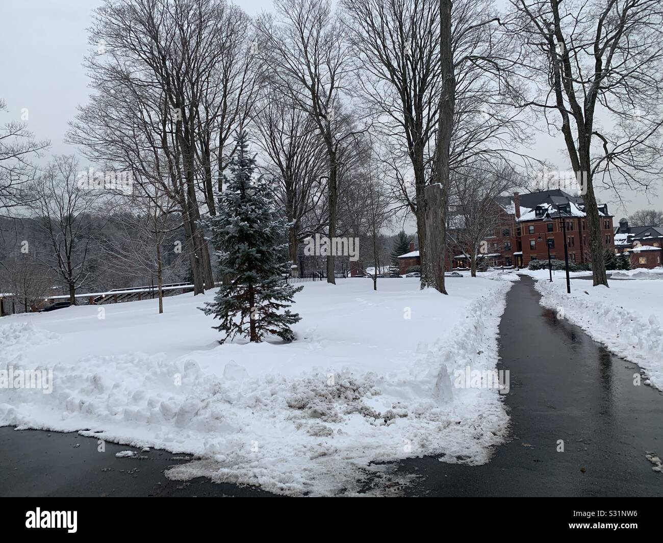 Snow on a college campus Stock Photo
