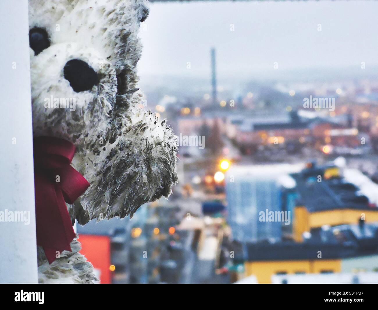 Teddy bear on ledge of highrise building at dusk depicting person contemplating giving up their life by suicide - Smartphone Captured Stock Image