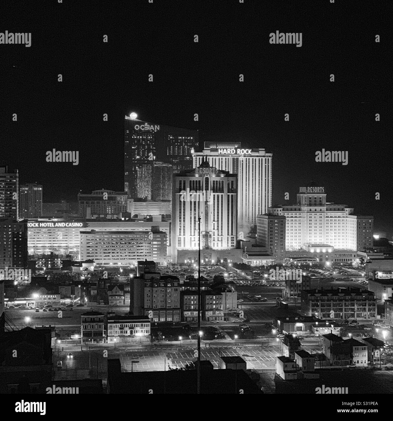 Black and white aerial view over Atlantic City, New Jersey, United