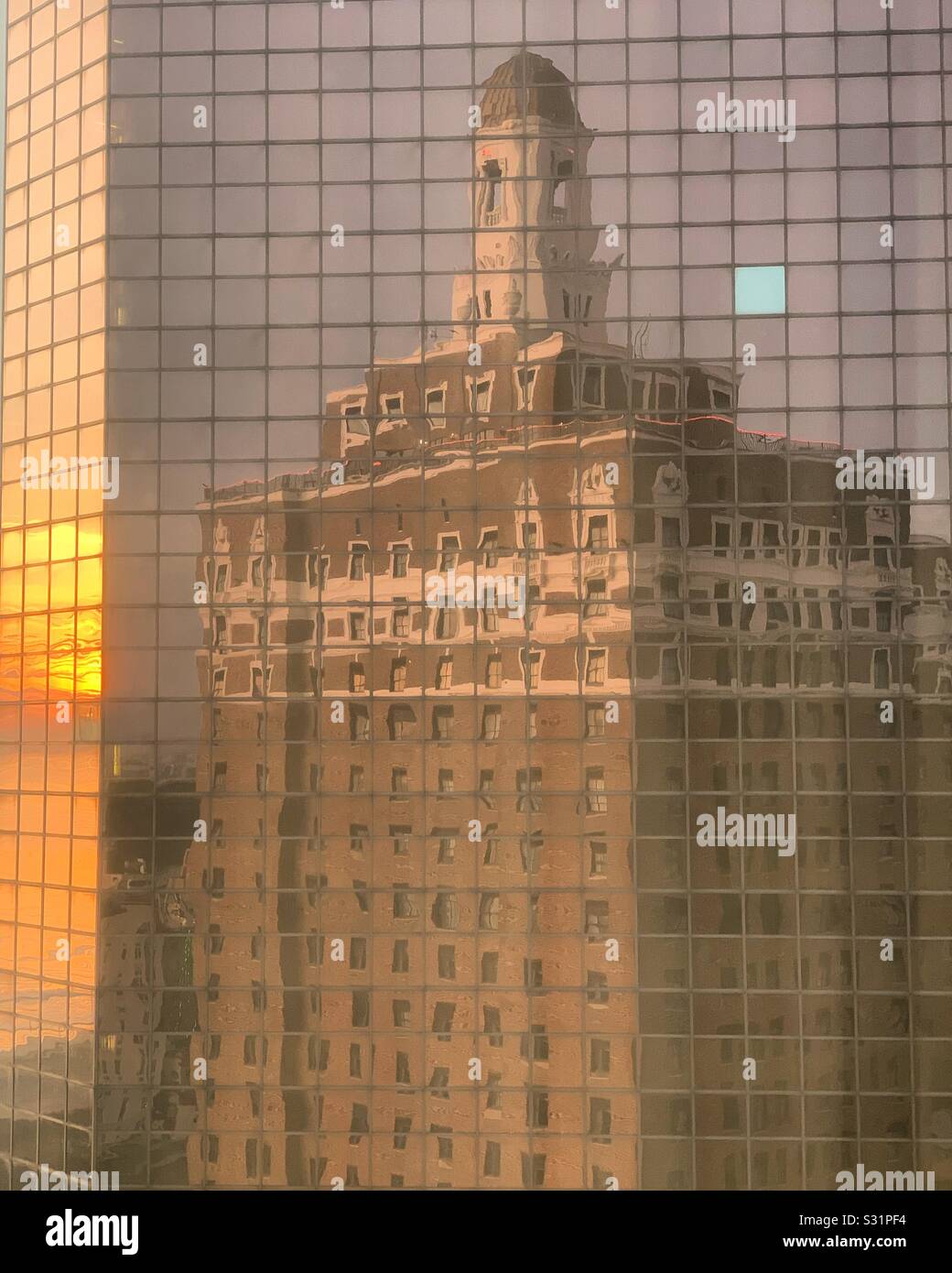 The Claridge Hotel reflected in Bally’s Casino Resort early in the morning, Atlantic City, New Jersey, United States - Smartphone Captured Stock Image