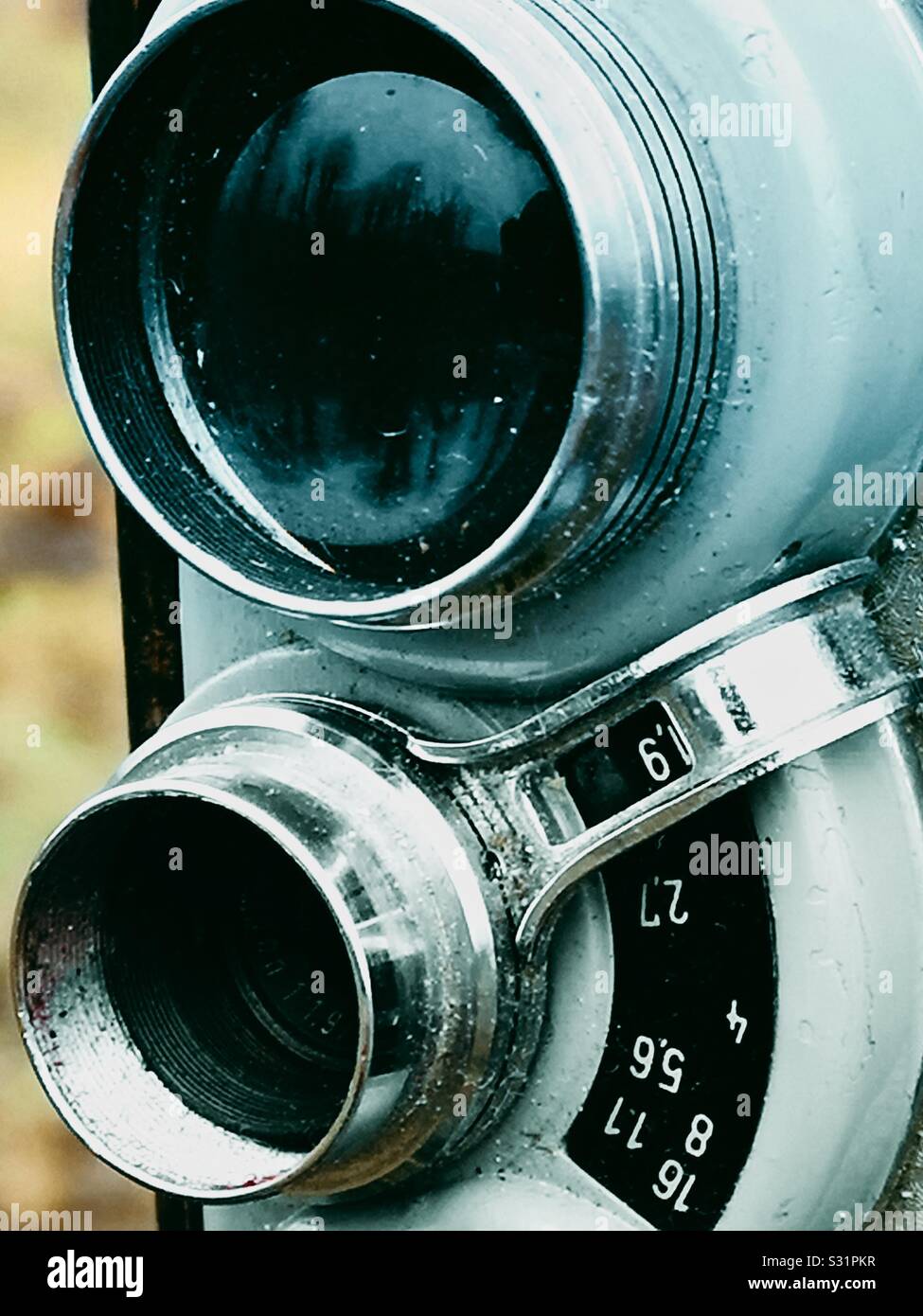 Close up retro movie camera lenses Stock Photo