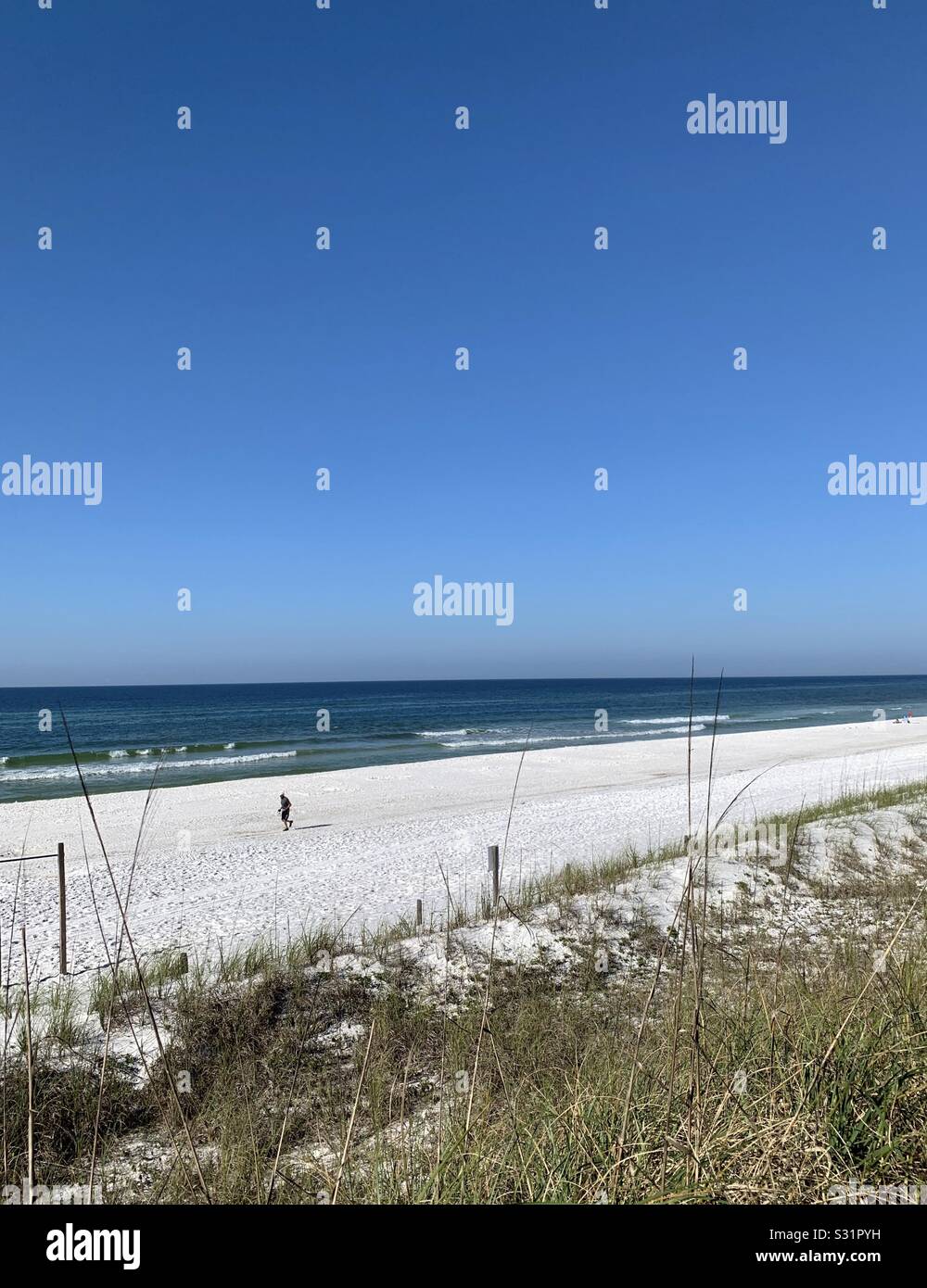 White sand beach in Florida with view of Gulf of Mexico’s water and a single person jogging on the beach - Smartphone Captured Stock Image