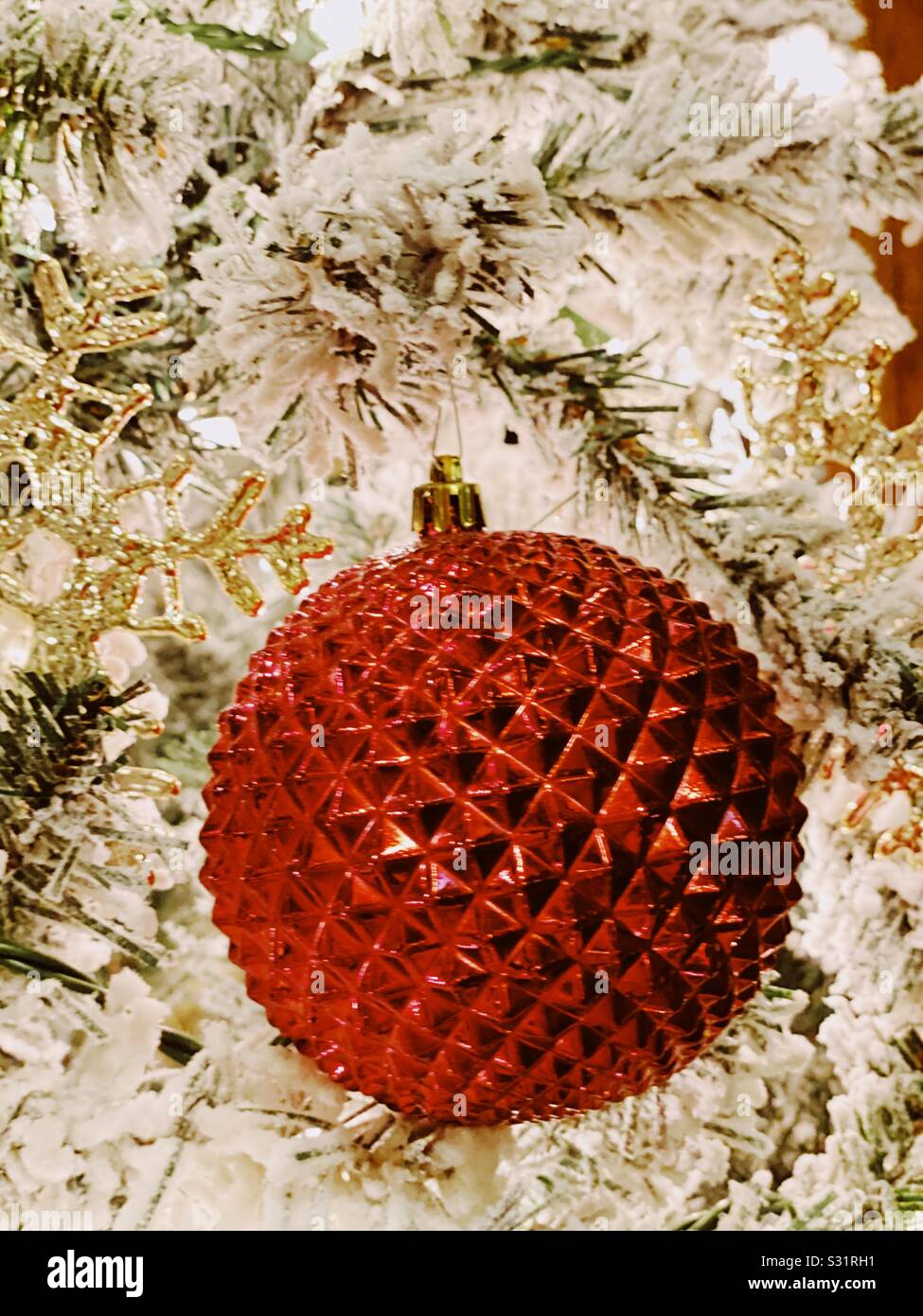 Closeup of round red Christmas ball ornament on frosted white Christmas tree branches - Smartphone Captured Stock Image