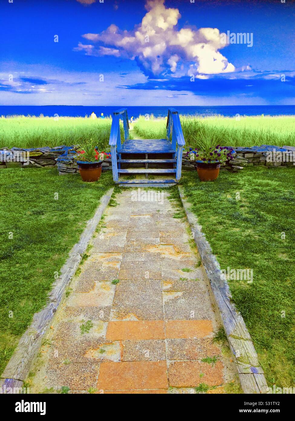 Pathway and steps leading to the ocean, Maine, USA. - Smartphone Captured Stock Image