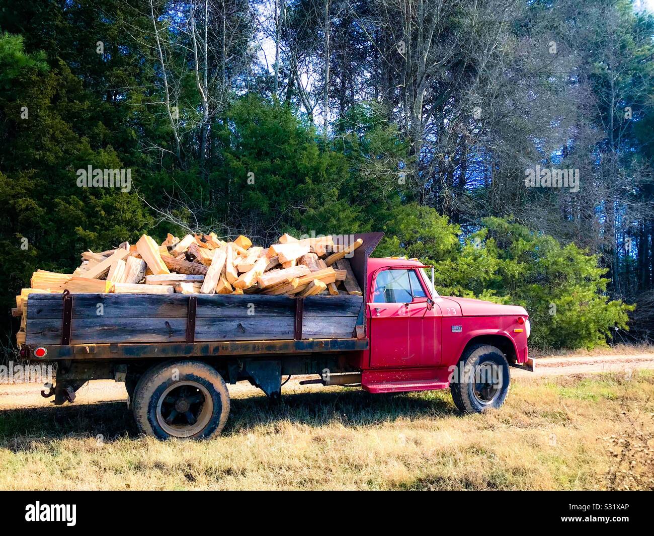 Polished photo of red dump truck containing a load of firewood Stock