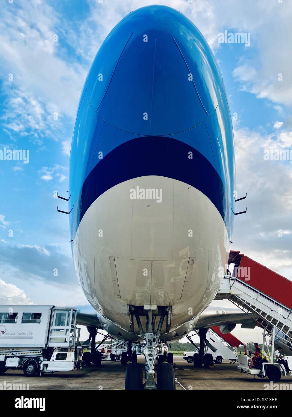 KLM Royal Dutch Airlines Boeing 747 Nose at Paramaribo Airport Stock