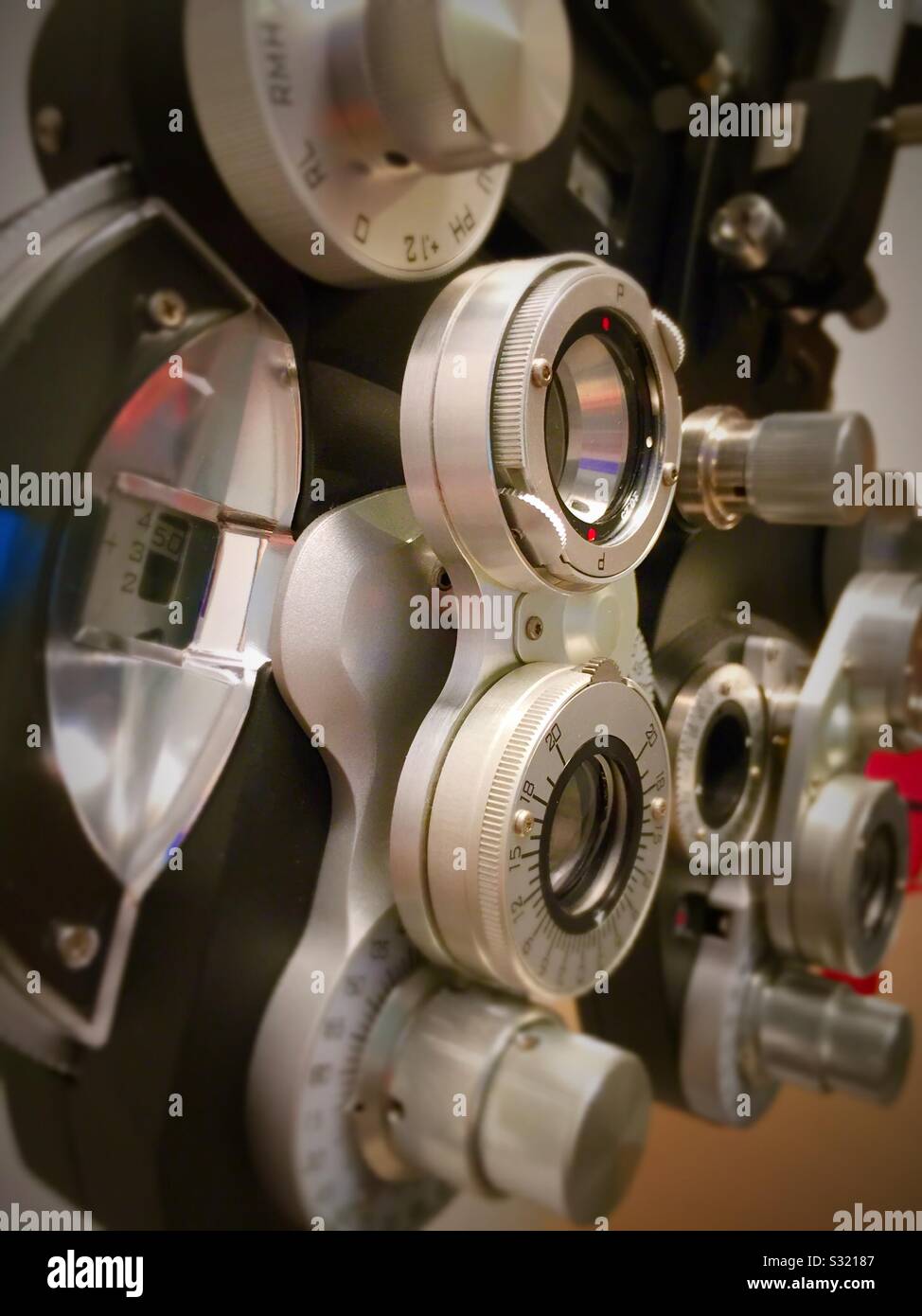 Ophthalmology office, close-up of a phoropter refraction machine, USA - Smartphone Captured Stock Image