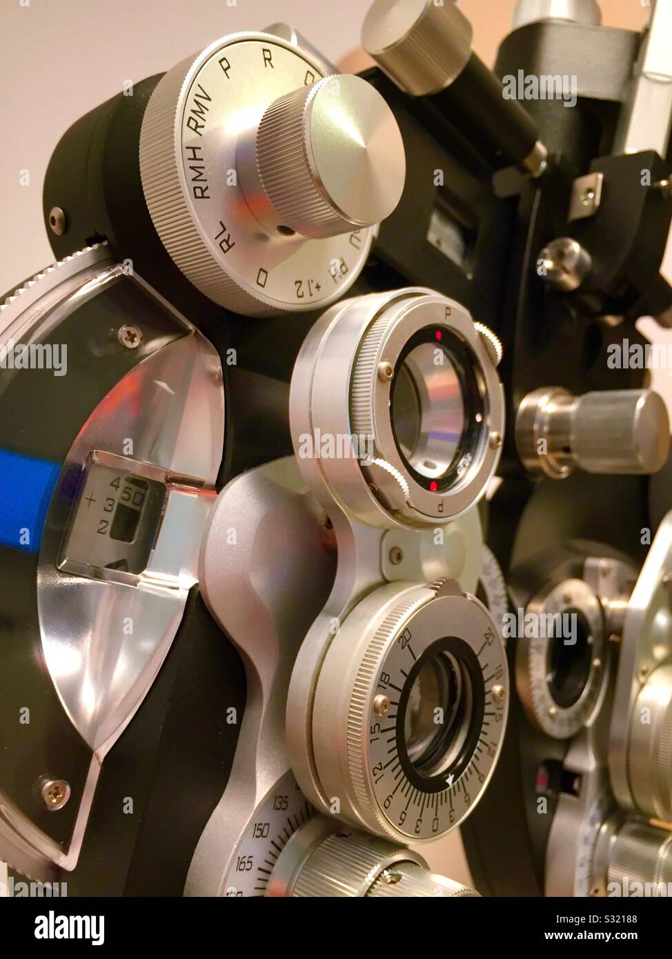 Ophthalmology yes, close-up of a phoropter refraction machine, USA Stock Photo