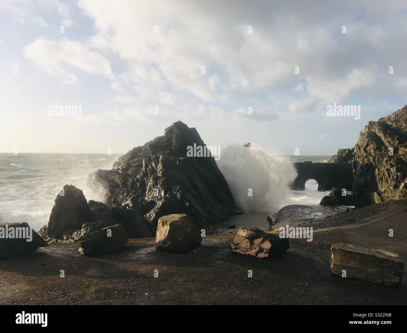 Waves of the Irish Sea crashing on the rocks of Portpatrick, Rhins of Galloway, Wigtownshire, Dumfries and Galloway, Scotland Stock Photo