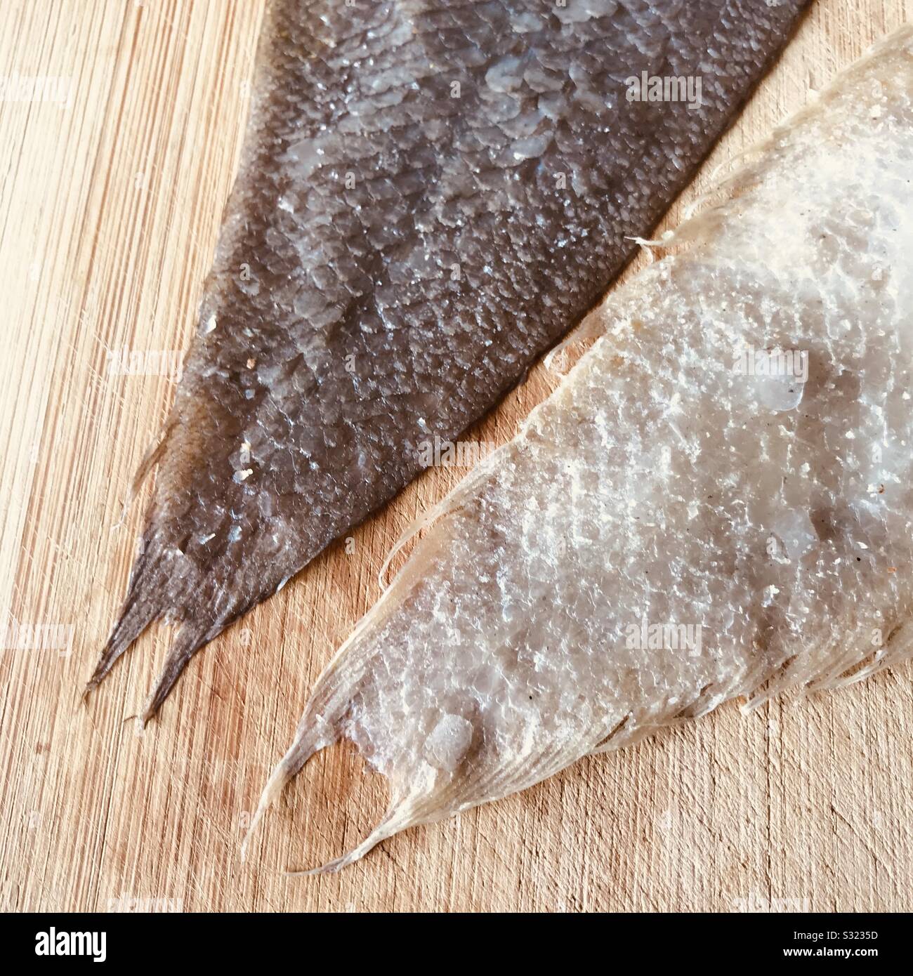 Close up image of Dried tongue sole fish skin top and bottom skin aka