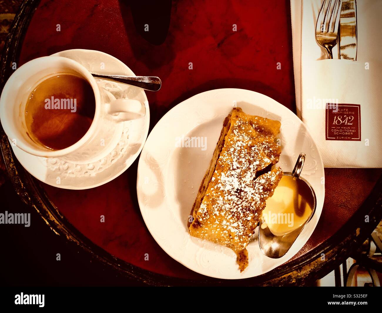 Apfelstrudel and hot chocolate at cafe Schober in Zurich - Smartphone Captured Stock Image