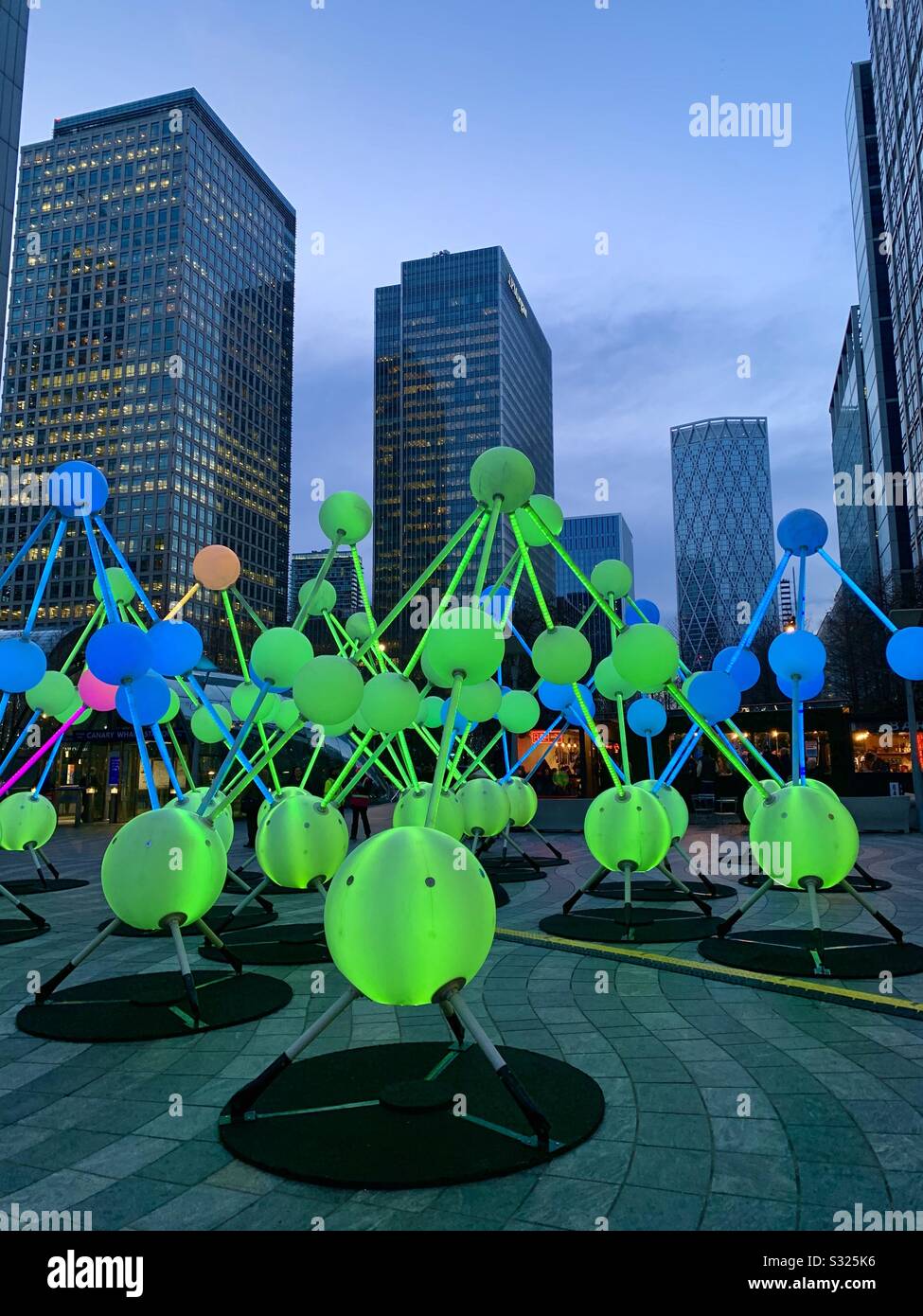 Winter lights exhibition Canary Wharf affinity Montgomery square green and blue structure Stock Photo
