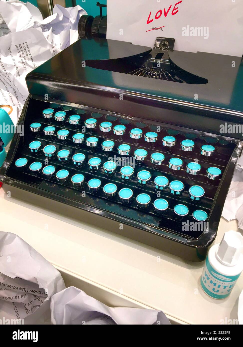 Typewriter with iconic robin egg blue keys at Tiffany and Company flagship next door at 6 E. 57th St., NYC, USA - Smartphone Captured Stock Image Typewriter with iconic robin egg blue keys at Tiffany and Company flagship next door at 6 E. 57th St., NYC, USA - Smartphone Captured Stock Image