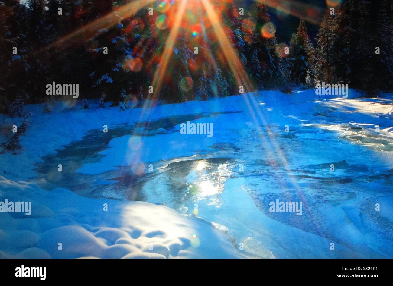 Travel Alberta, Baker Creek, lens flares, winter sun, Banff National Park, Alberta, Canada. - Smartphone Captured Stock Image