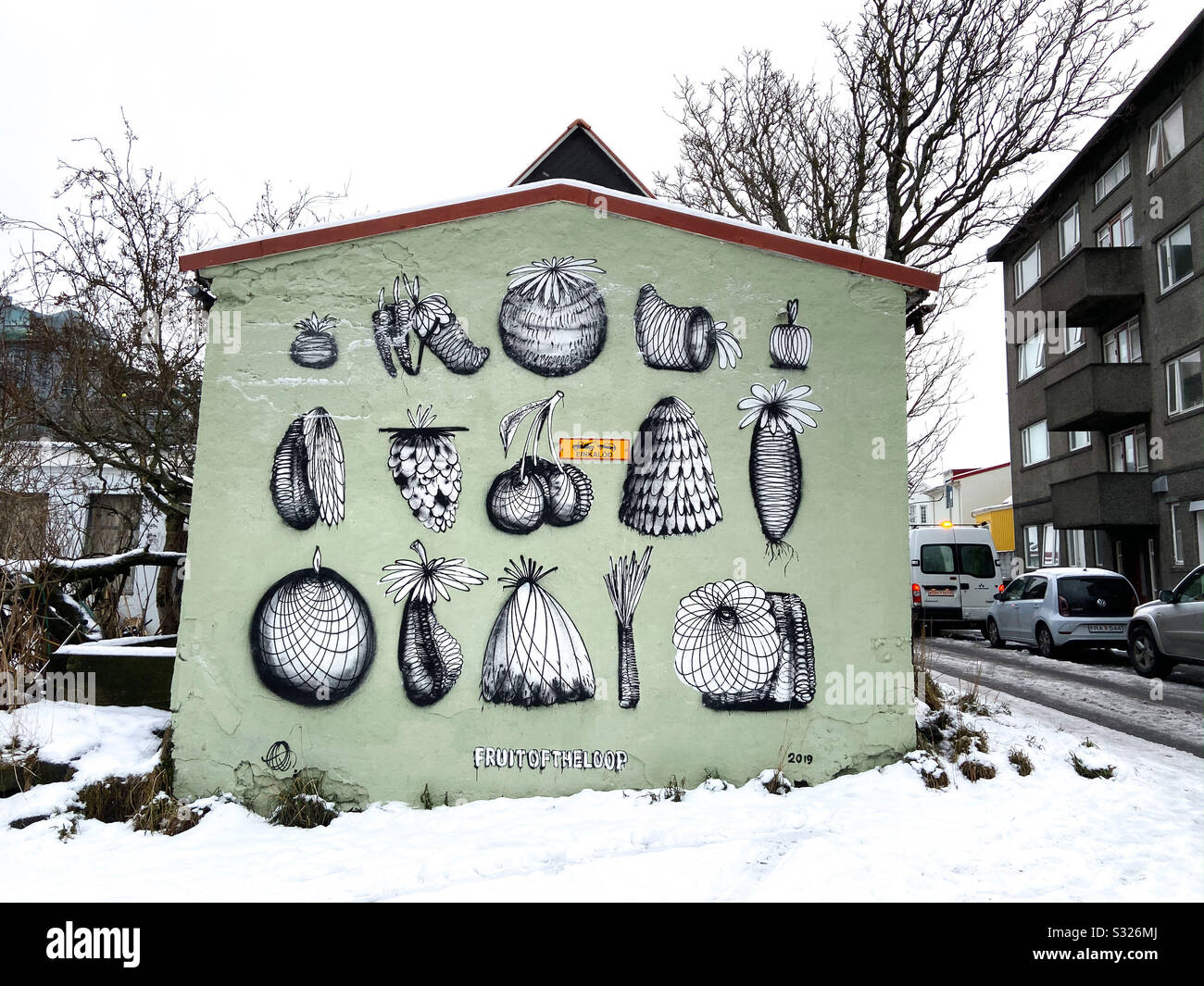 A mint green house with fruit painted on the side of it in Reykjavik, Iceland on December 10, 2019. - Smartphone Captured Stock Image