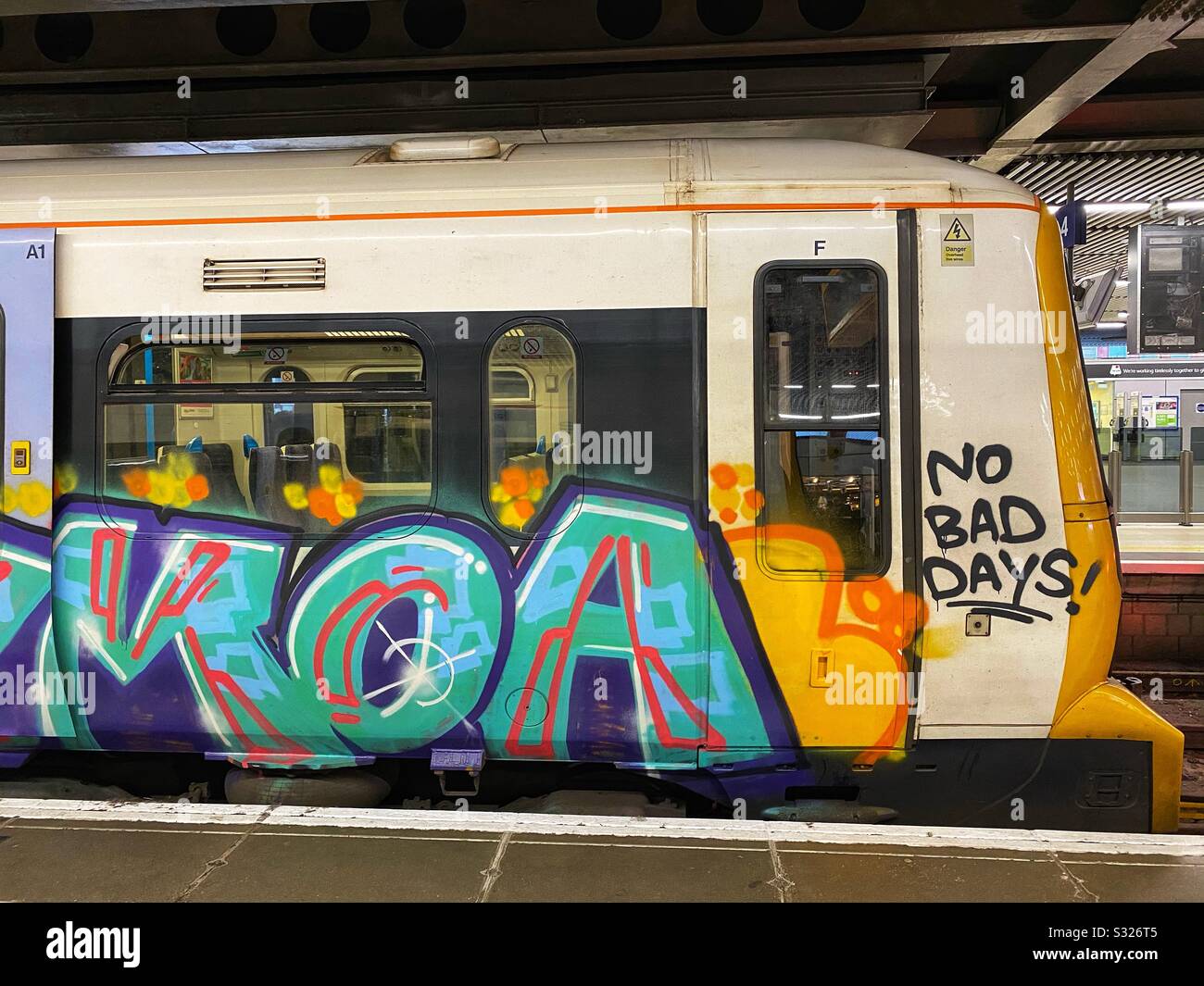Graffitied train at Cannon Street Station in London, England - Smartphone Captured Stock Image