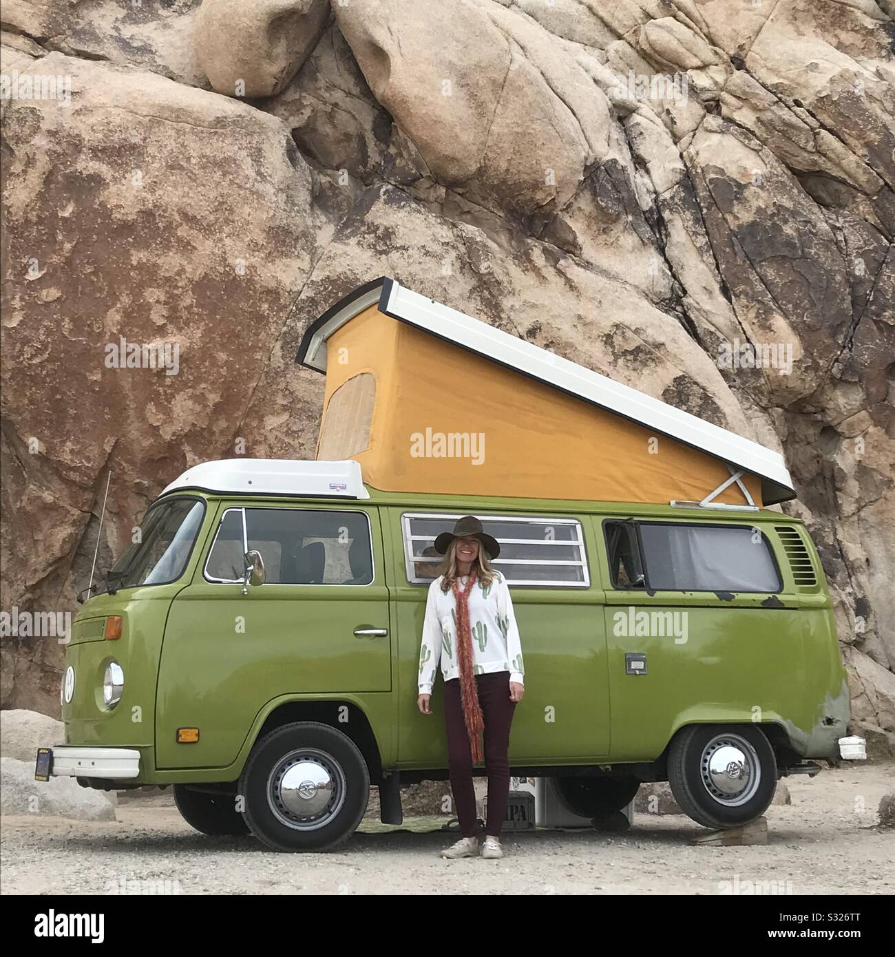 VW Bus Camper van pop up with woman at 