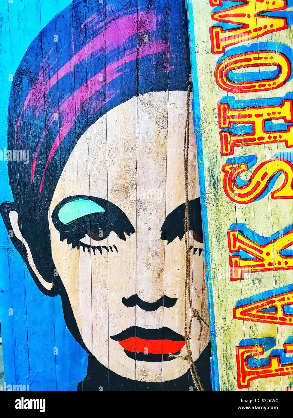 A colourful graphic portrait of sixtie’s fashion top model Twiggy is painted in vibrant colours on to a wooden slatted board outside an antique dealer in Portobello Road, Notting Hill, London Stock Photo