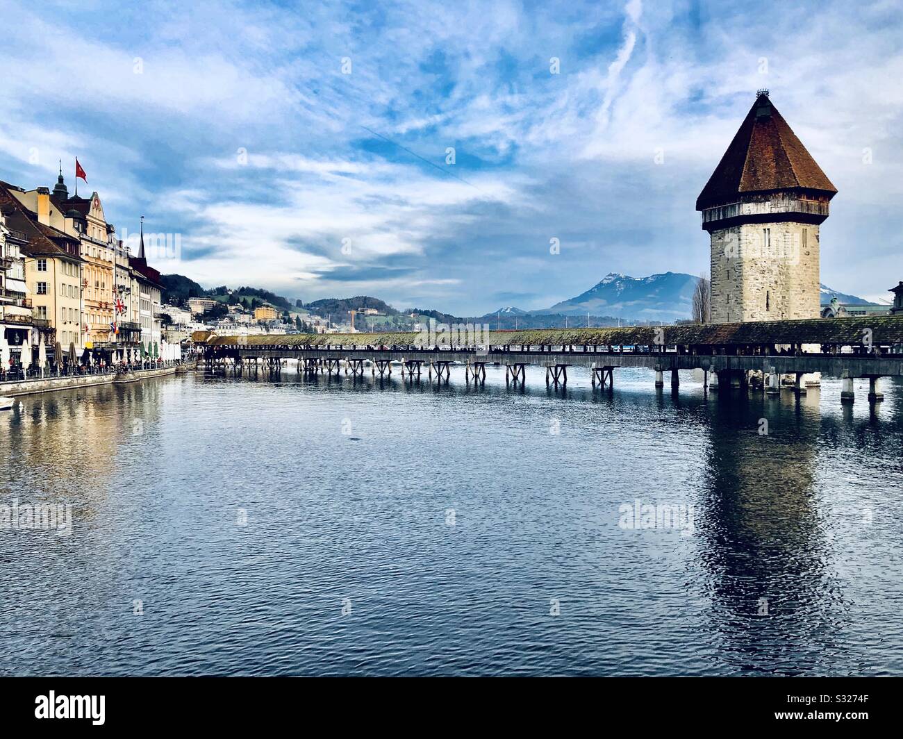 Kapellbrücke (chapel bridge), covered wooden bridge in Lucerne, Switzerland - Smartphone Captured Stock Image