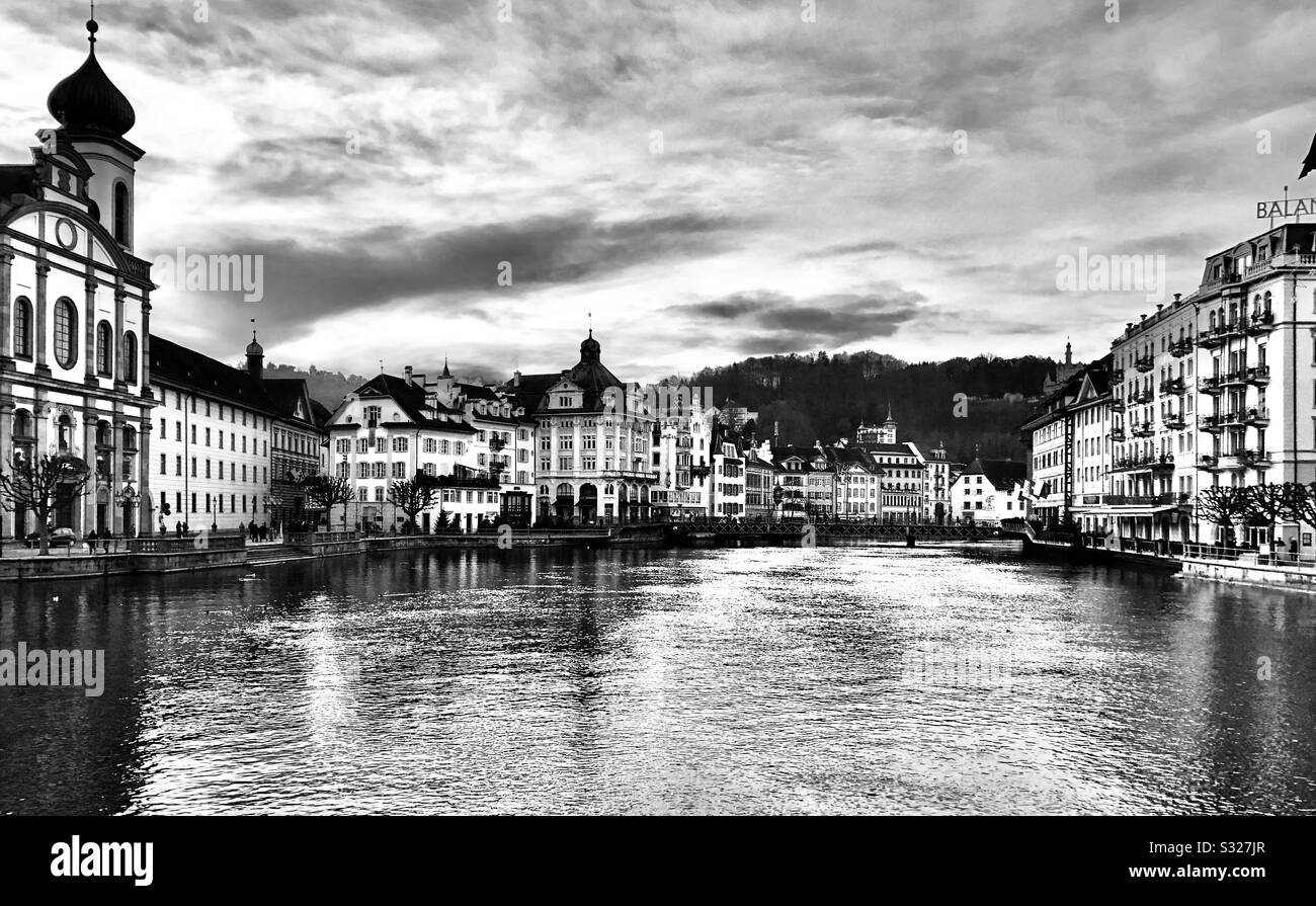 Lucerne, view of the old town, Reuss river, and Jesuitenkirche - Smartphone Captured Stock Image