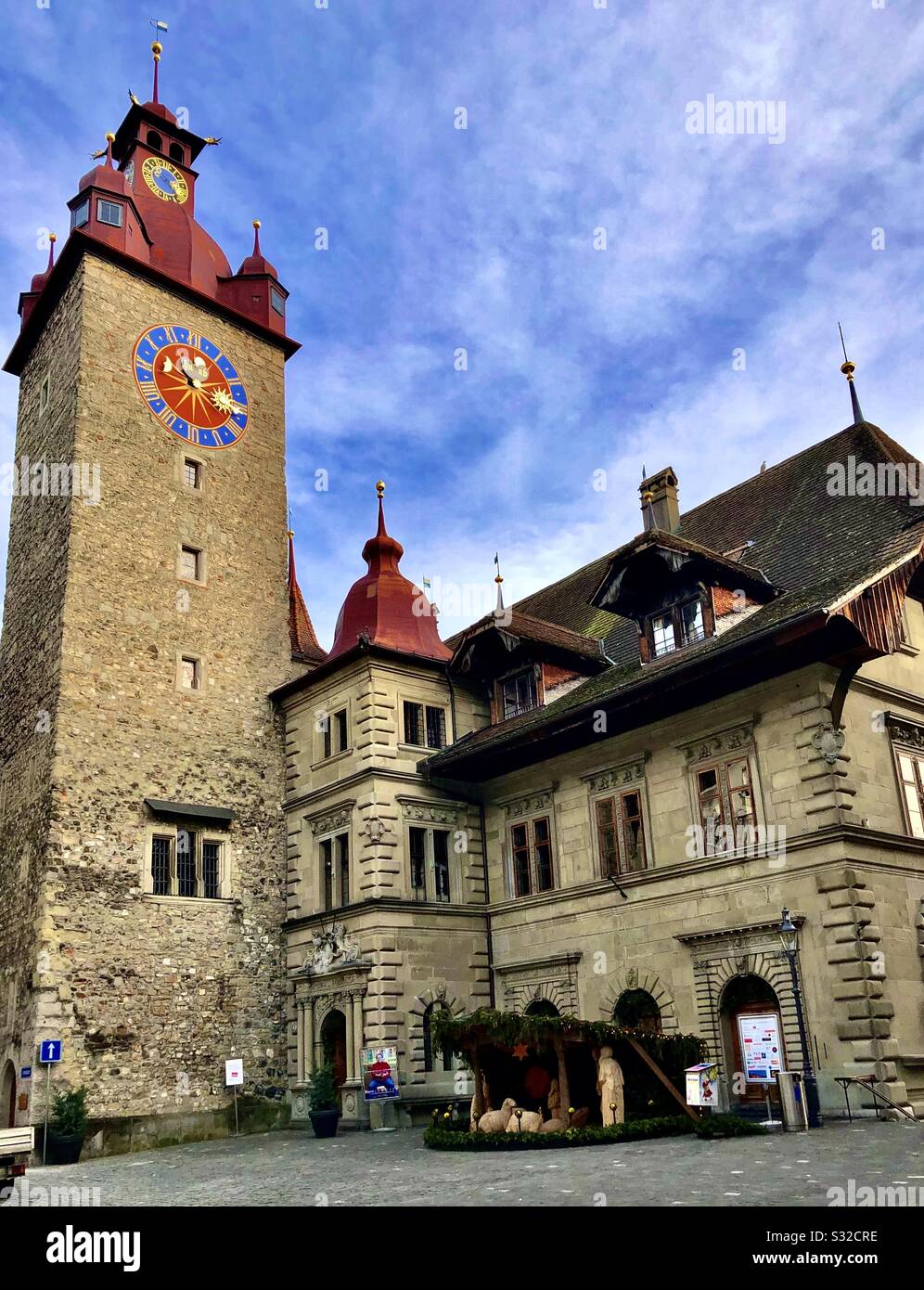 Lucerne Rathaus (town hall) clock tower in Switzerland - Smartphone Captured Stock Image